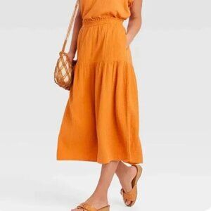 Universal Threads Gold Tiered Gauze Midi Skirt with Pockets XL